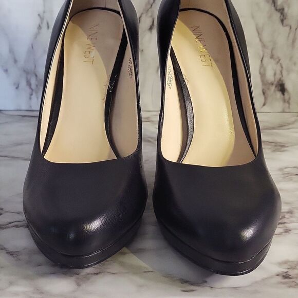 Nine West Rocha black leather almond toe slip on platform heels 8M - Picture 7 of 17